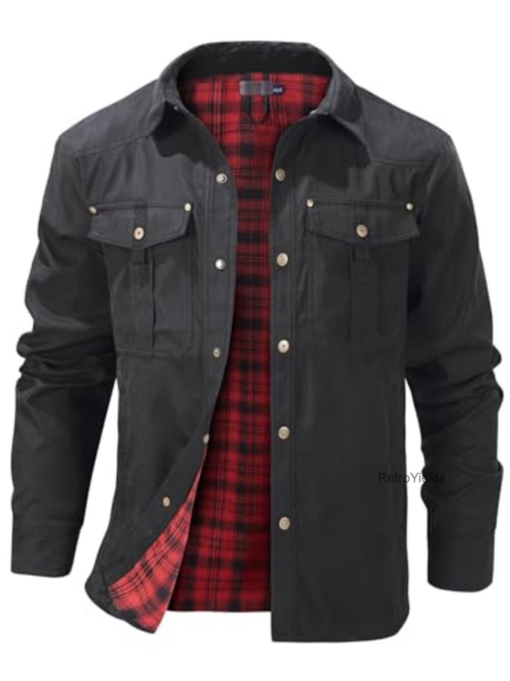 Men's Flannel Lined Shirt Jacket Snap Button Western Cowboy Jacket